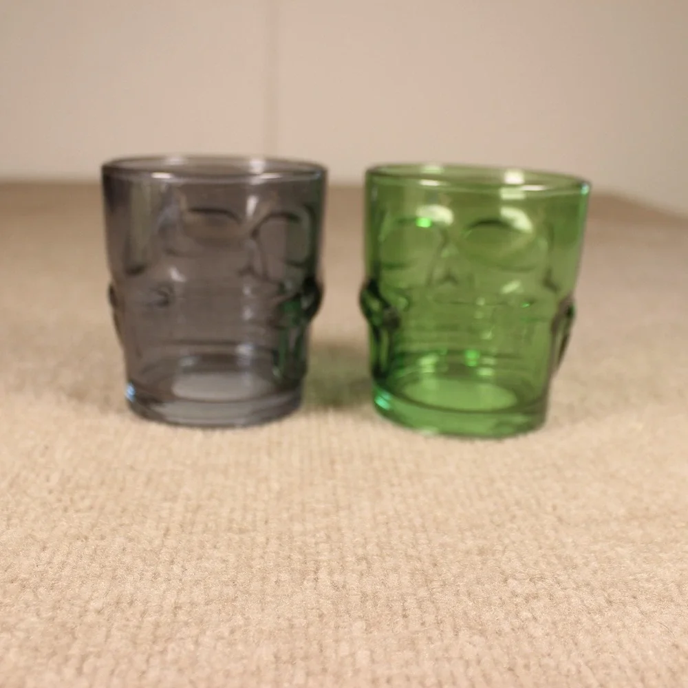 Skull Glass Votive Candle Holders Set of 2 Smoke Grey and Green Halloween Decor